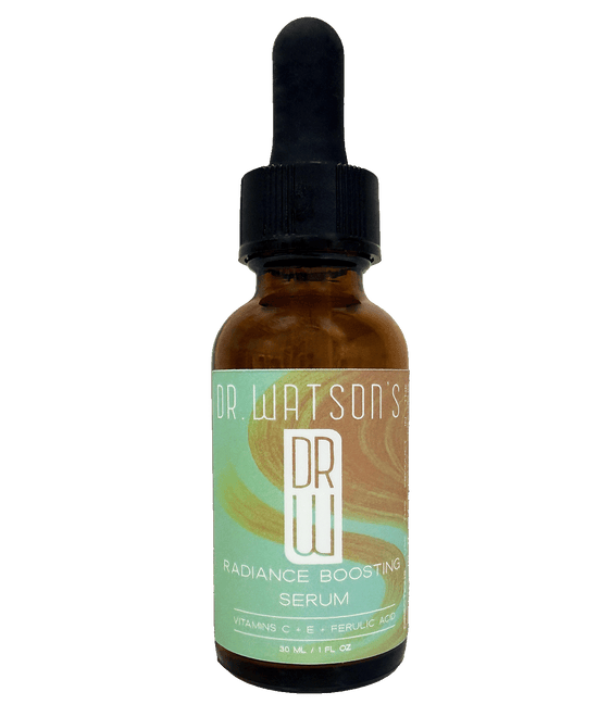 Radiance Boosting Vitamin C serum bottle with black dropper, Dr. Watson’s label