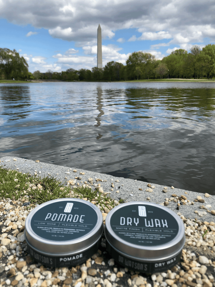Dr. Watson's Dry Wax and pomade in front of the Washington Memorial