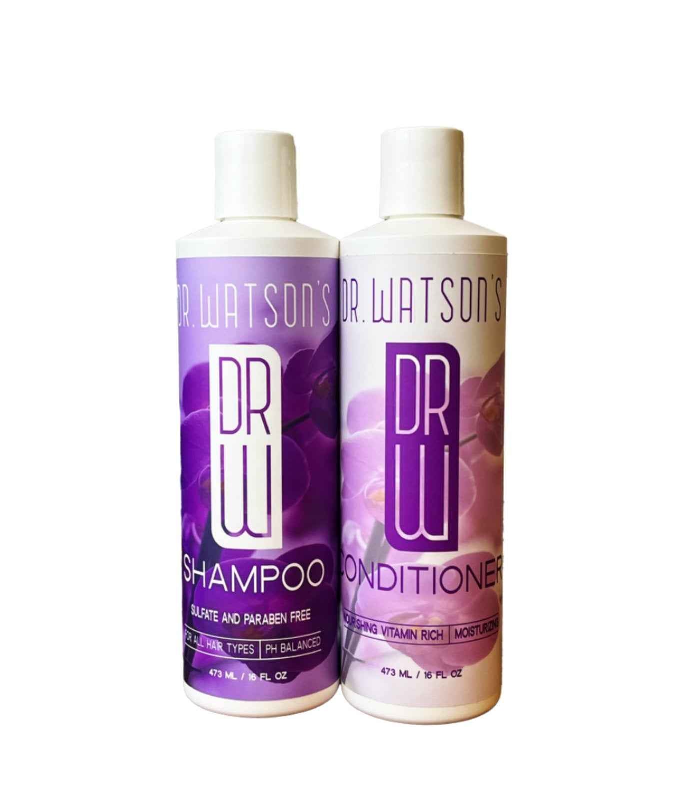 Shampoo and conditioner bottles with purple Sweet Pea labels, 16 oz each