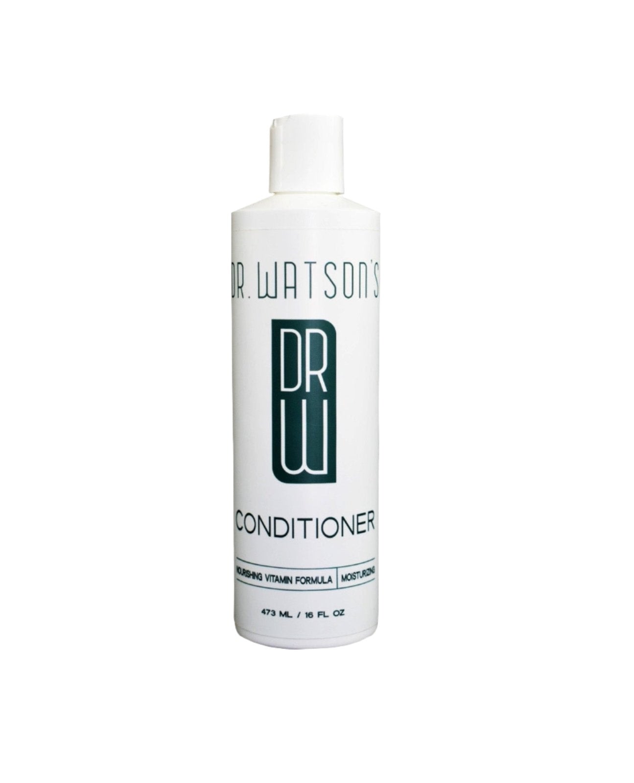 Dr. Watson's conditioner bottle with dark green logo on white label