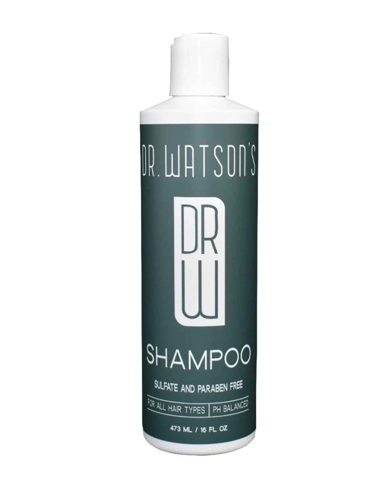 Dr. Watson's shampoo bottle with dark green label and white cap
