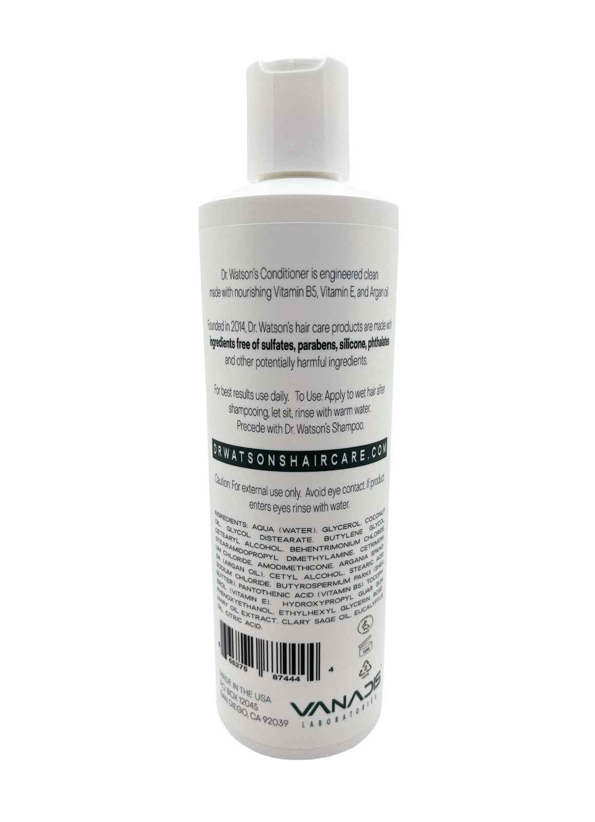 Dr. Watson's shampoo bottle back label with barcode and ingredients text