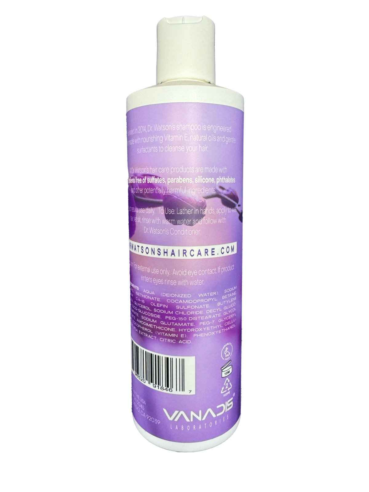 Sweet pea shampoo bottle, back label view with barcode