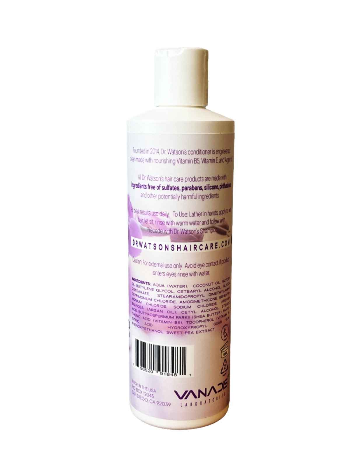 Dr. Watson's conditioner bottle back label with barcode and purple text