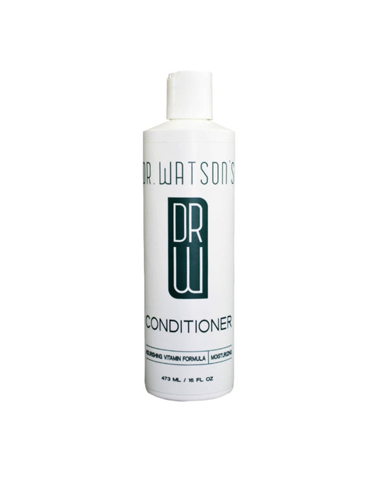 Dr. Watson's conditioner bottle, white with pump cap and green label